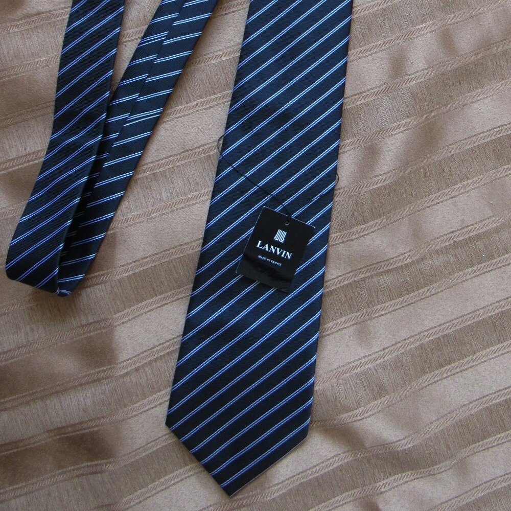 Lanvin Silk Tie, made in France, Blue white, hand made - Picture 3 of 4